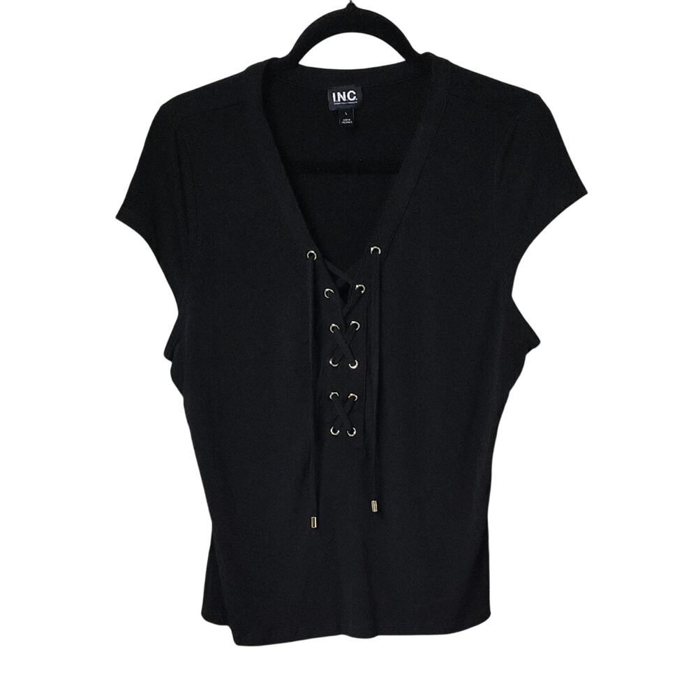 INC Black Lace Up V Neck Pullover Black Top Womens Size Large NWT